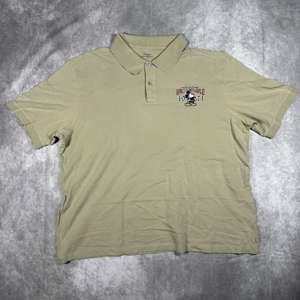 Disney Parks Mickey Mouse Walt Disney World 1971 Polo Shirt Mens XXL Khaki Tan